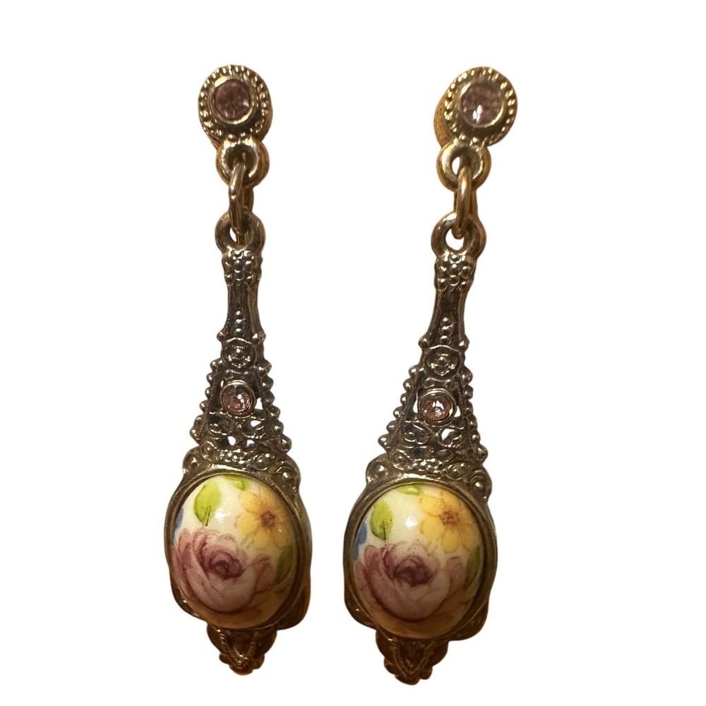 Vintage Floral Clip On Earrings Gold Tone Victorian Revival Rhinestones